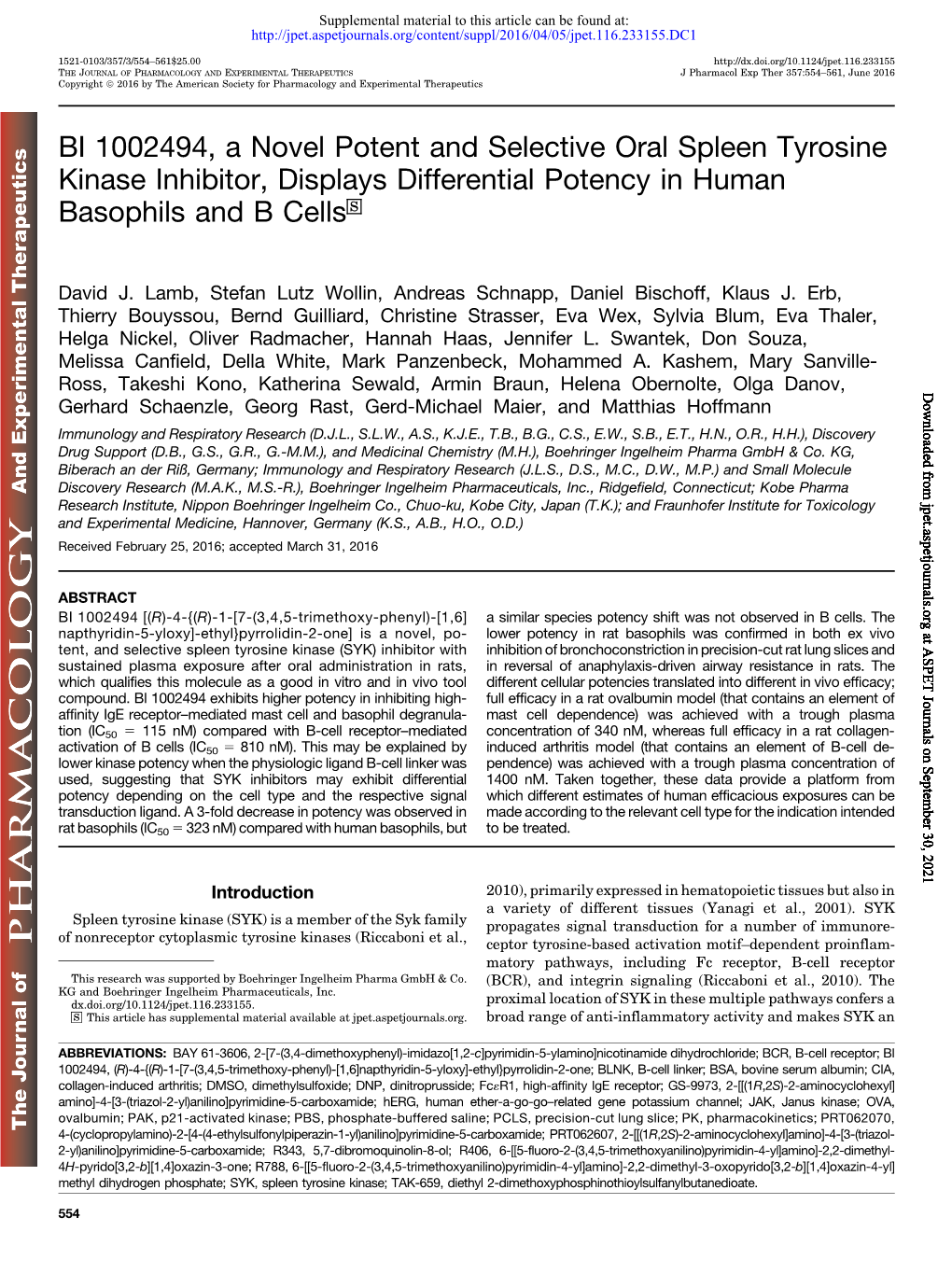 BI 1002494, a Novel Potent and Selective Oral Spleen Tyrosine Kinase Inhibitor, Displays Differential Potency in Human Basophils and B Cells S