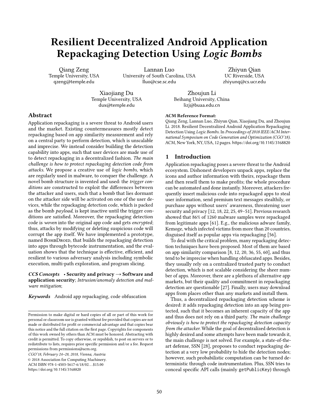 Resilient Decentralized Android Application Repackaging Detection Using Logic Bombs