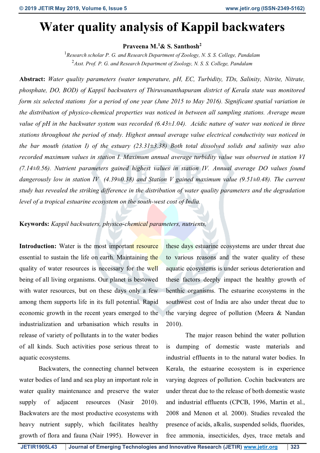 Water Quality Analysis of Kappil Backwaters