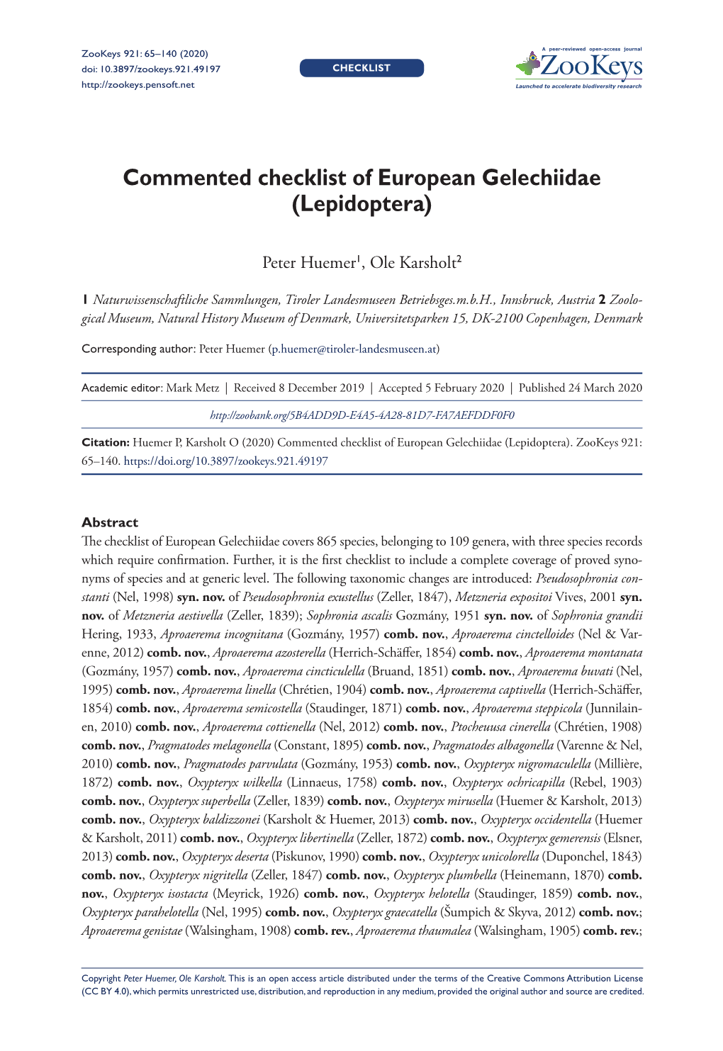 Commented Checklist of European Gelechiidae (Lepidoptera)