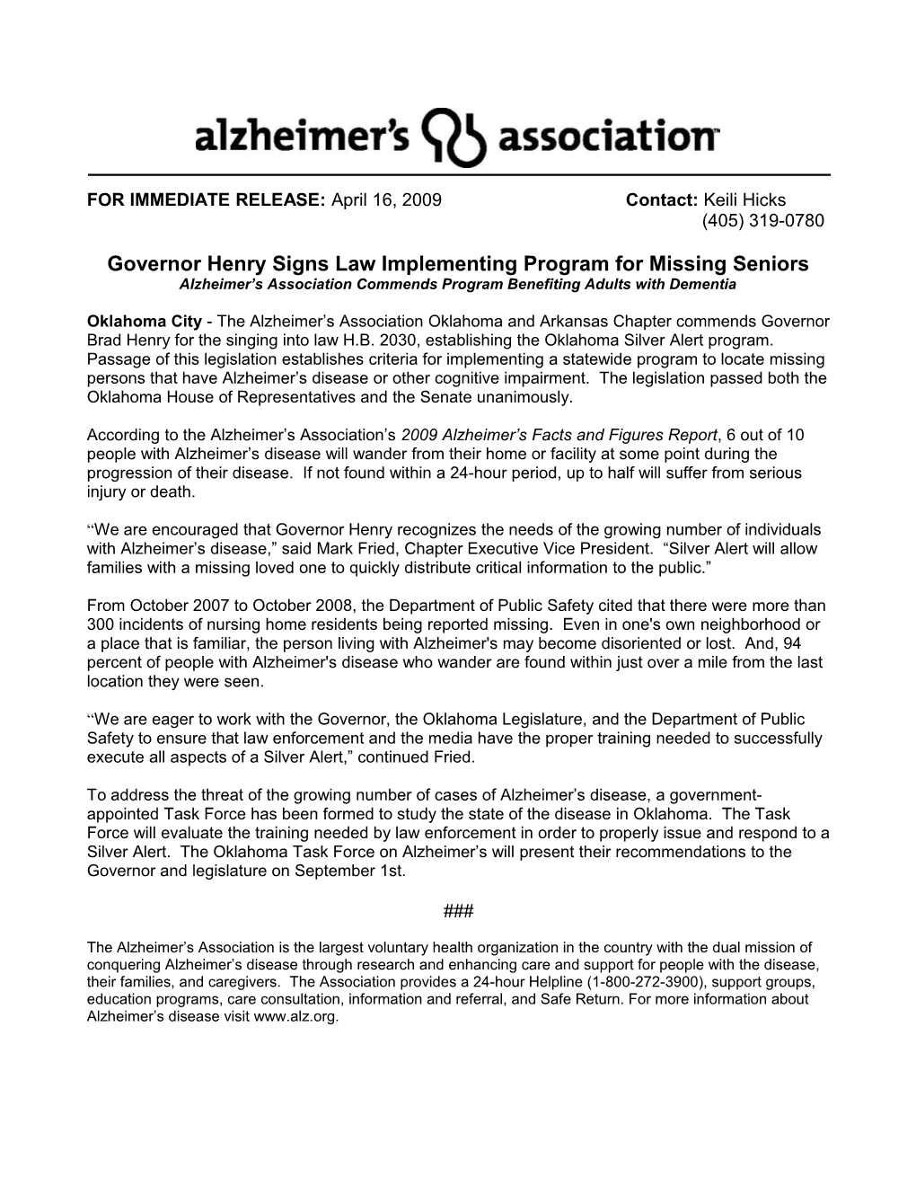 The Alzheimer S Association Commends the Oklahoma Legislature and Governor Brad Henry For