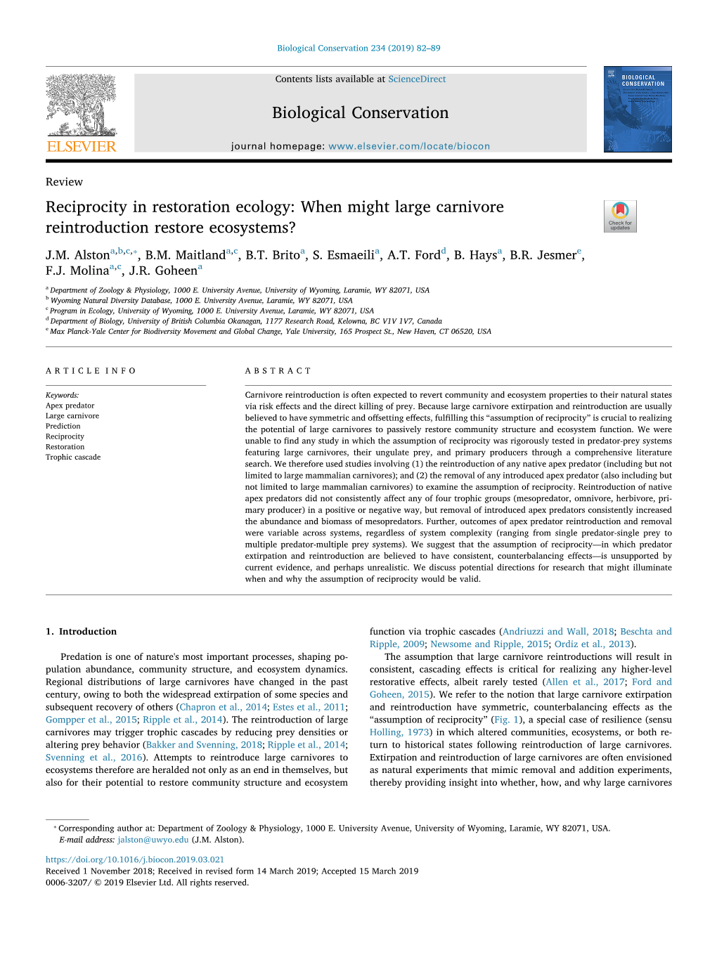 Reciprocity in Restoration Ecology When Might Large Carnivore Reintroduction Restore Ecosystems?