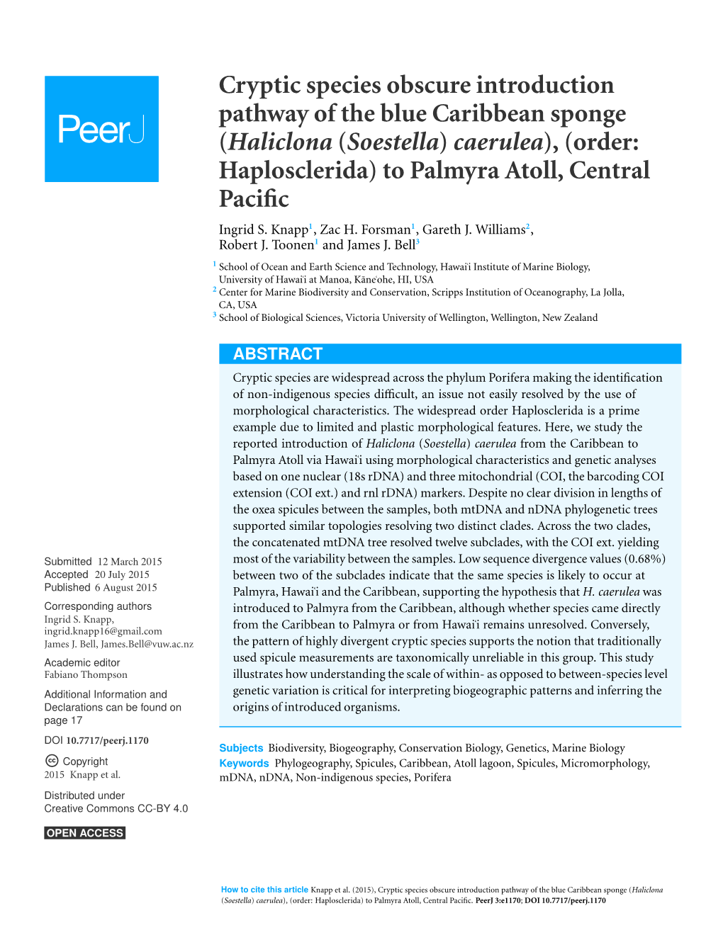 (Haliclona (Soestella) Caerulea), (Order: Haplosclerida) to Palmyra Atoll, Central Pacific Ingrid S