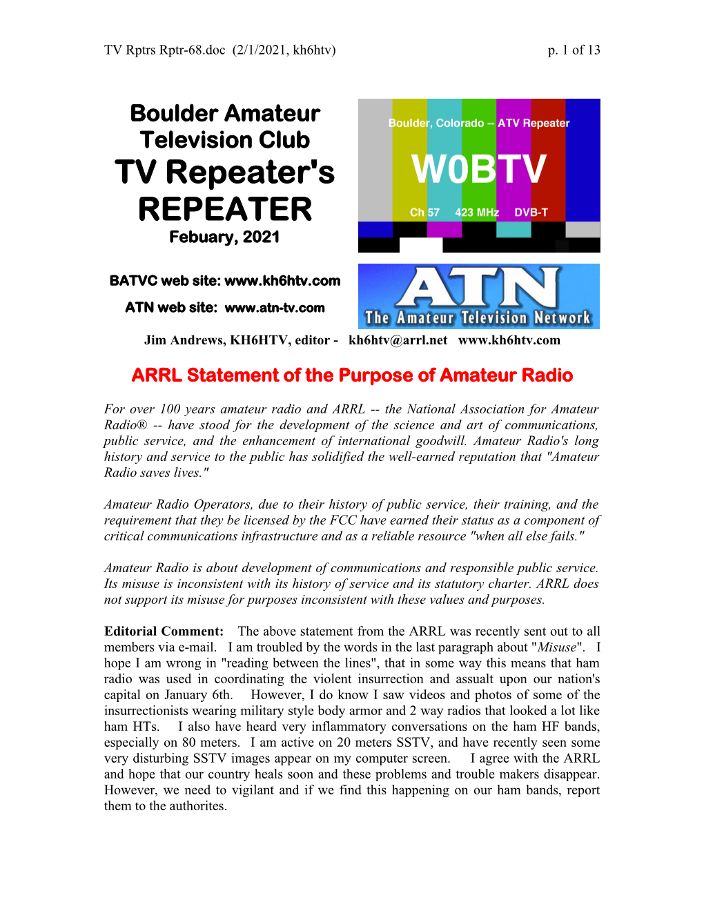 Boulder Amateur Television Club TV Repeater's REPEATER Febuary, 2021