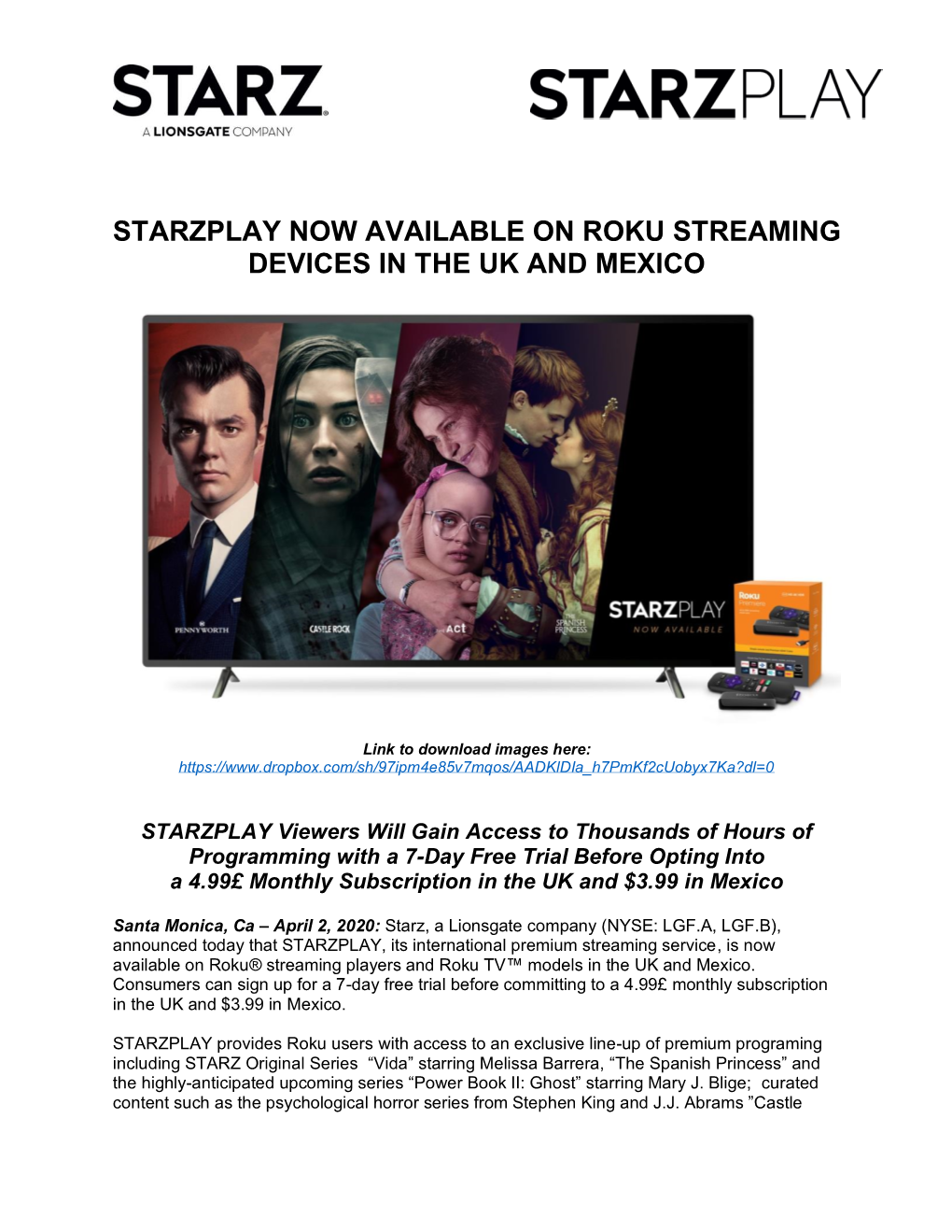 Starzplay Now Available on Roku Streaming Devices in the Uk and Mexico