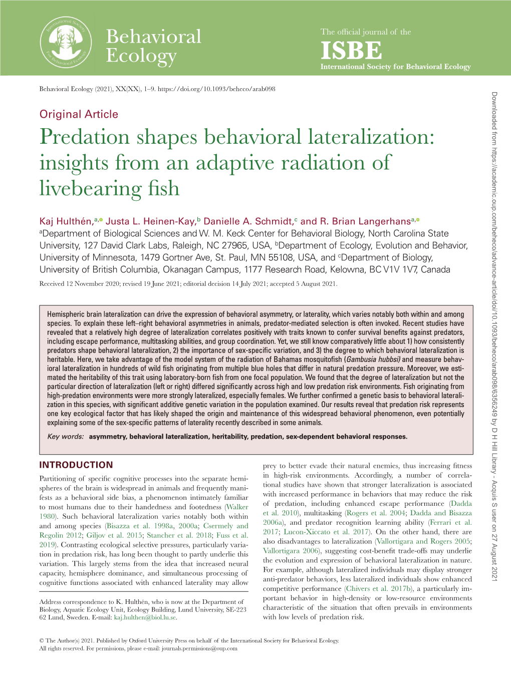Predation Shapes Behavioral Lateralization: Insights from an Adaptive Radiation of Livebearing Fish