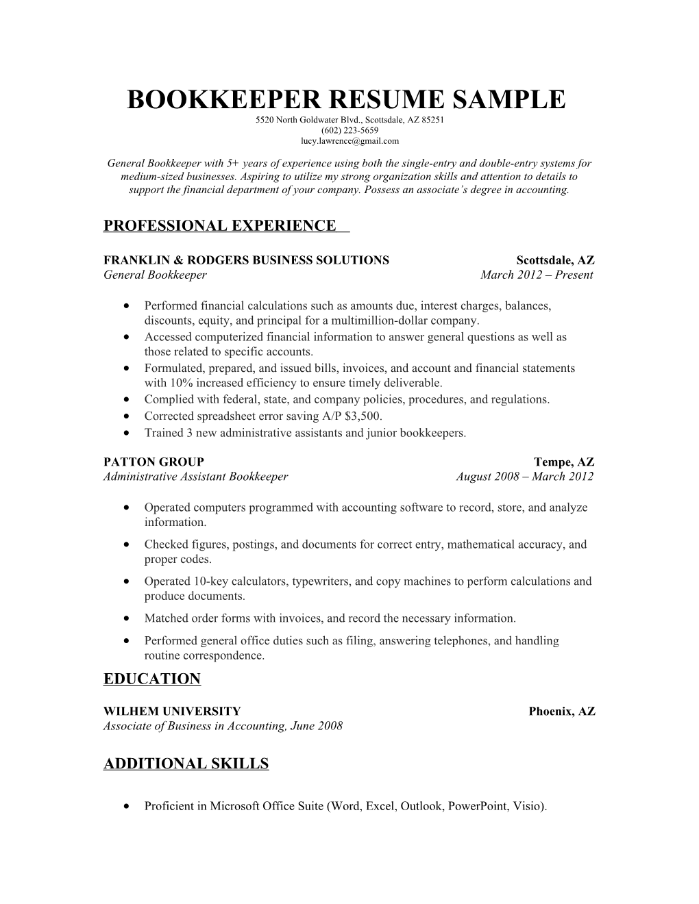 Bookkeeper Resume Sample