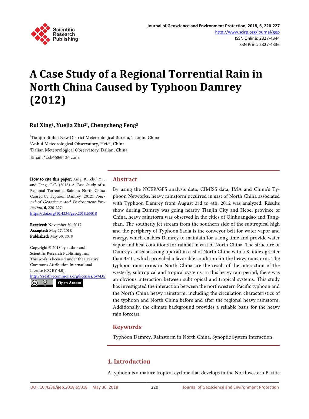 A Case Study of a Regional Torrential Rain Caused by Typhoon in North