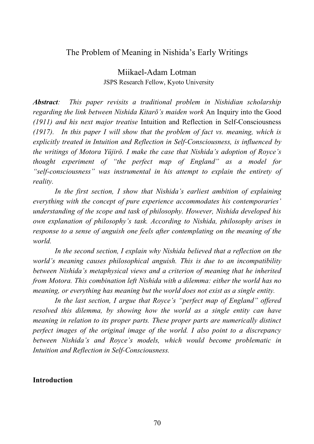 The Problem of Meaning in Nishida's Early Writings Miikael-Adam Lotman