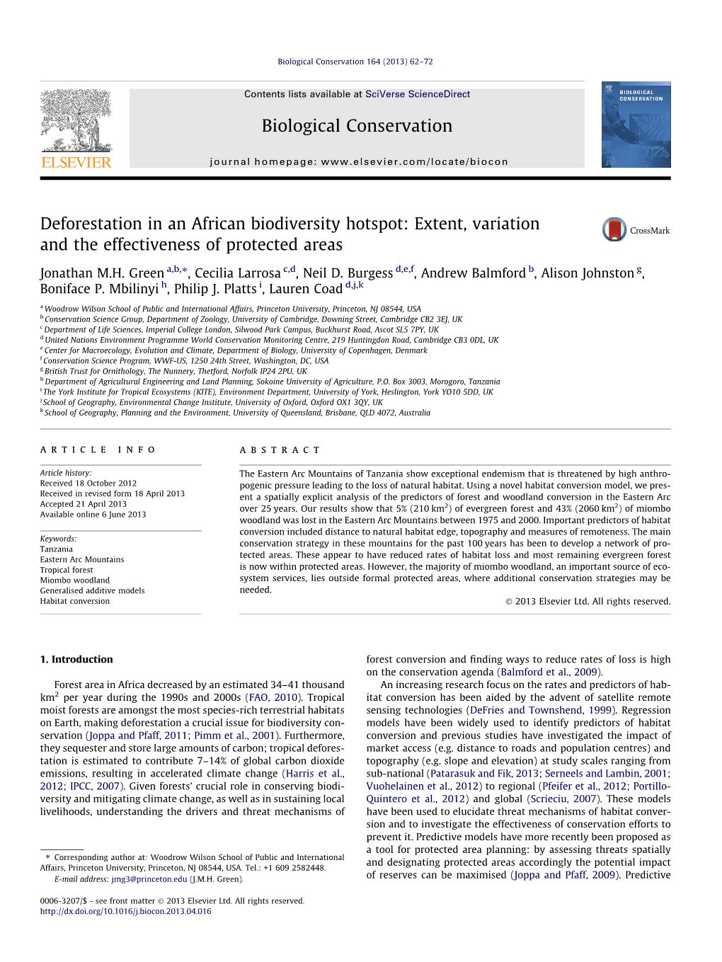 Deforestation in an African Biodiversity Hotspot: Extent, Variation and the Effectiveness of Protected Areas ⇑ Jonathan M.H