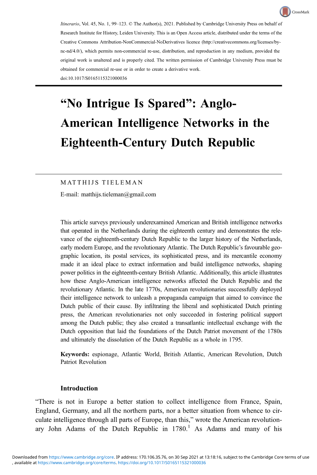 American Intelligence Networks in the Eighteenth-Century Dutch Republic