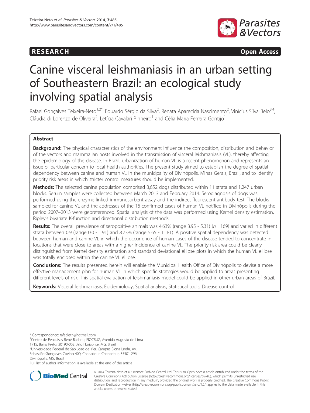 Canine Visceral Leishmaniasis in an Urban Setting of Southeastern Brazil