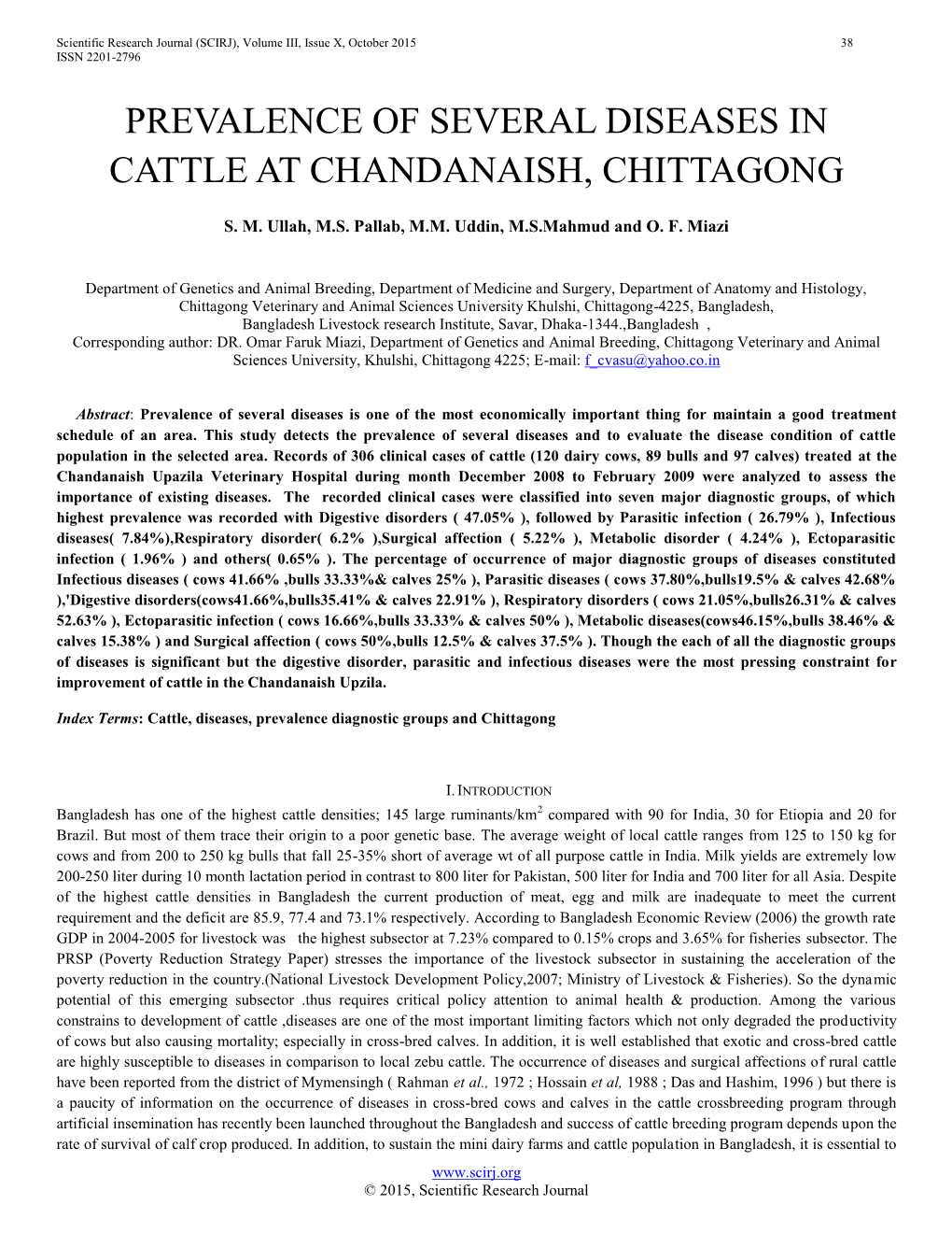 Prevalence of Several Diseases in Cattle at Chandanaish, Chittagong