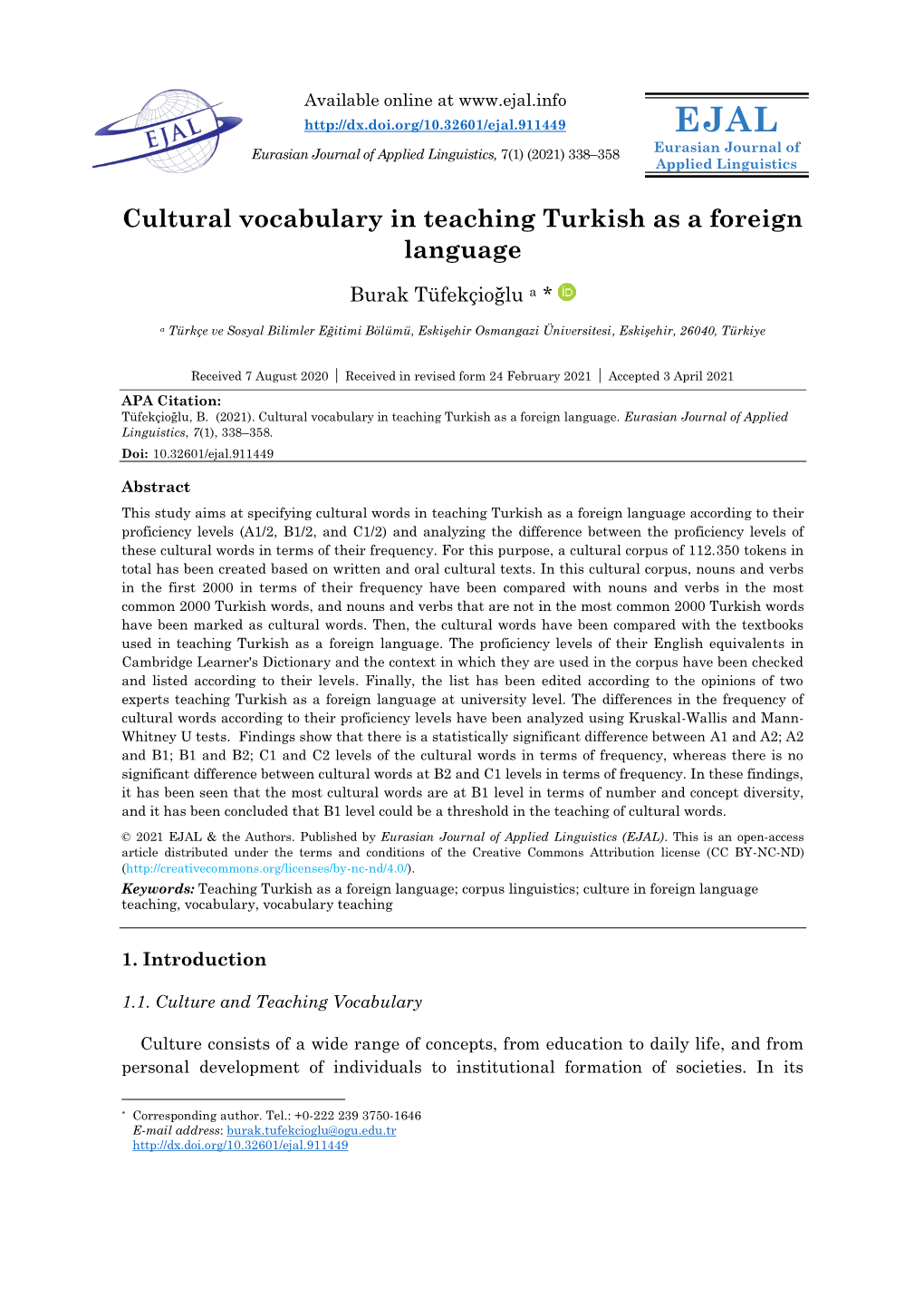 Cultural Vocabulary in Teaching Turkish As a Foreign Language