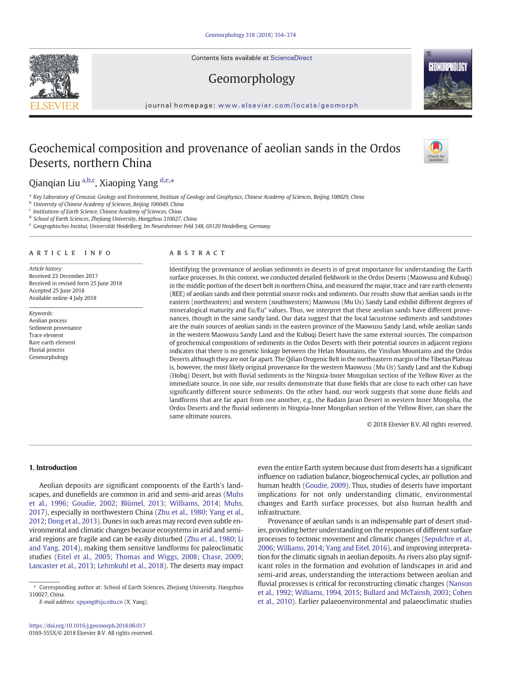 Geochemical Composition and Provenance of Aeolian Sands in the Ordos Deserts, Northern China