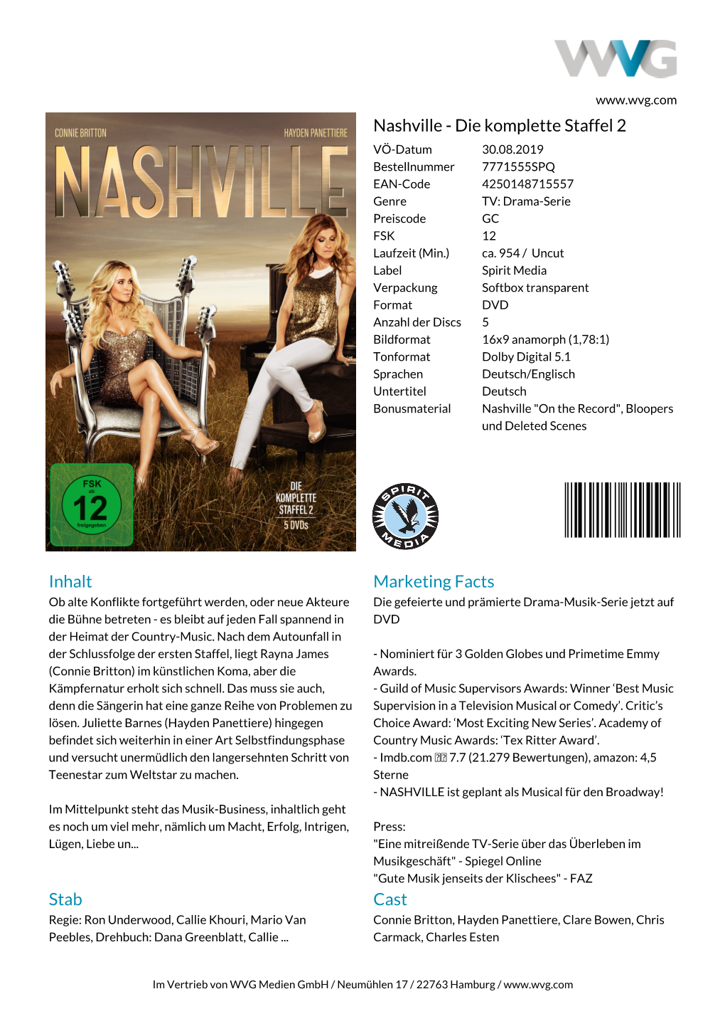 Nashville - Die Komplette Staffel 2 VÖ-Datum 30.08.2019 Bestellnummer 7771555SPQ EAN-Code 4250148715557 Genre TV: Drama-Serie Preiscode GC FSK 12 Laufzeit (Min.) Ca