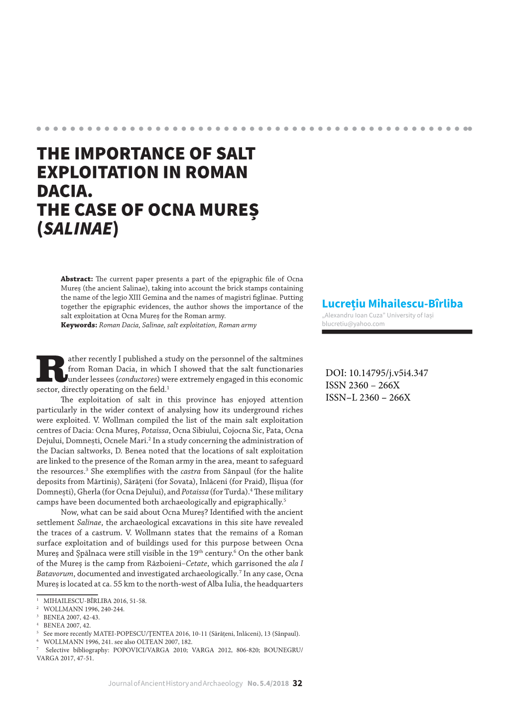 The Importance of Salt Exploitation in Roman Dacia. the Case of Ocna Mureș (Salinae)