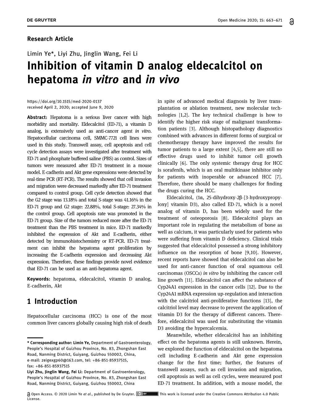 Inhibition of Vitamin D Analog Eldecalcitol on Hepatoma in Vitro and in Vivo