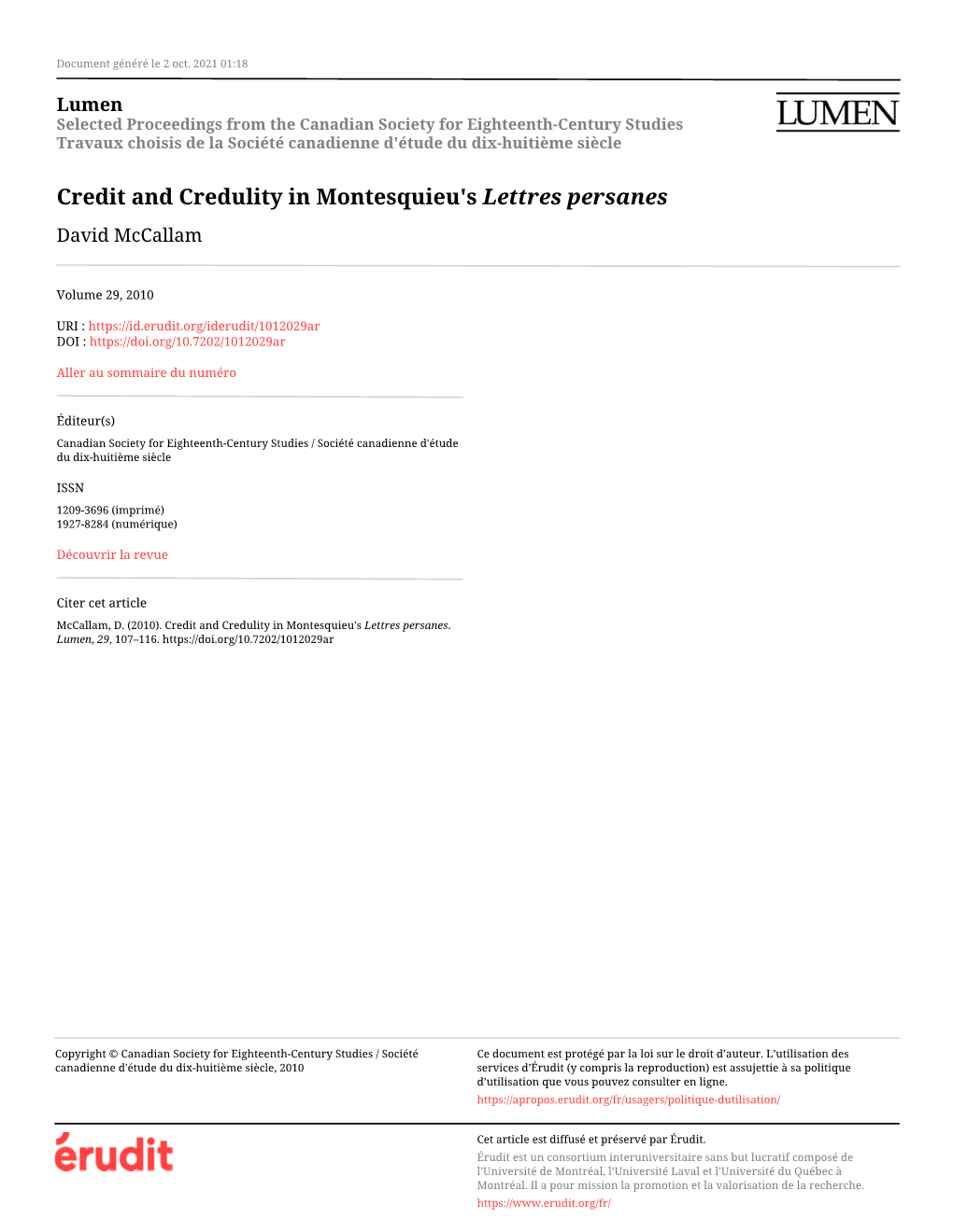 Credit and Credulity in Montesquieu's Lettres Persanes David Mccallam