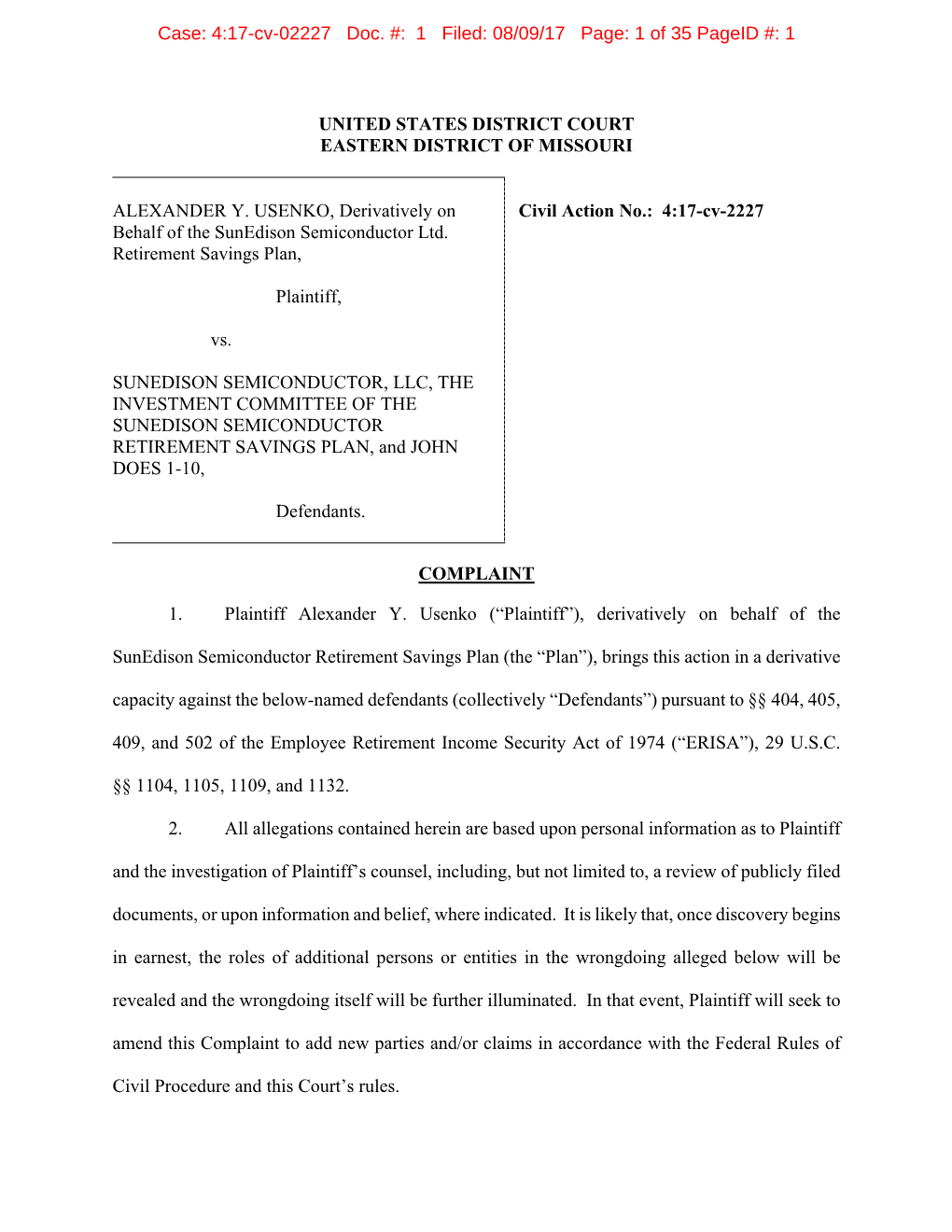 Sunedison Semiconductor ERISA Complaint