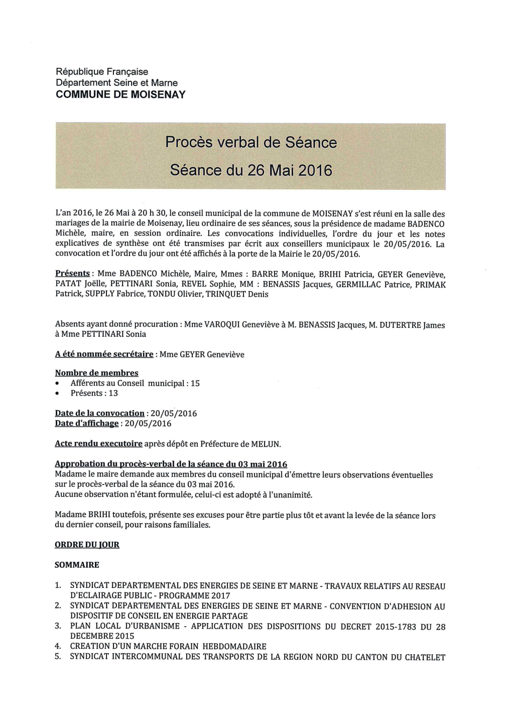 Procès Verbal De Séance Séance Du 26 Mai 2016