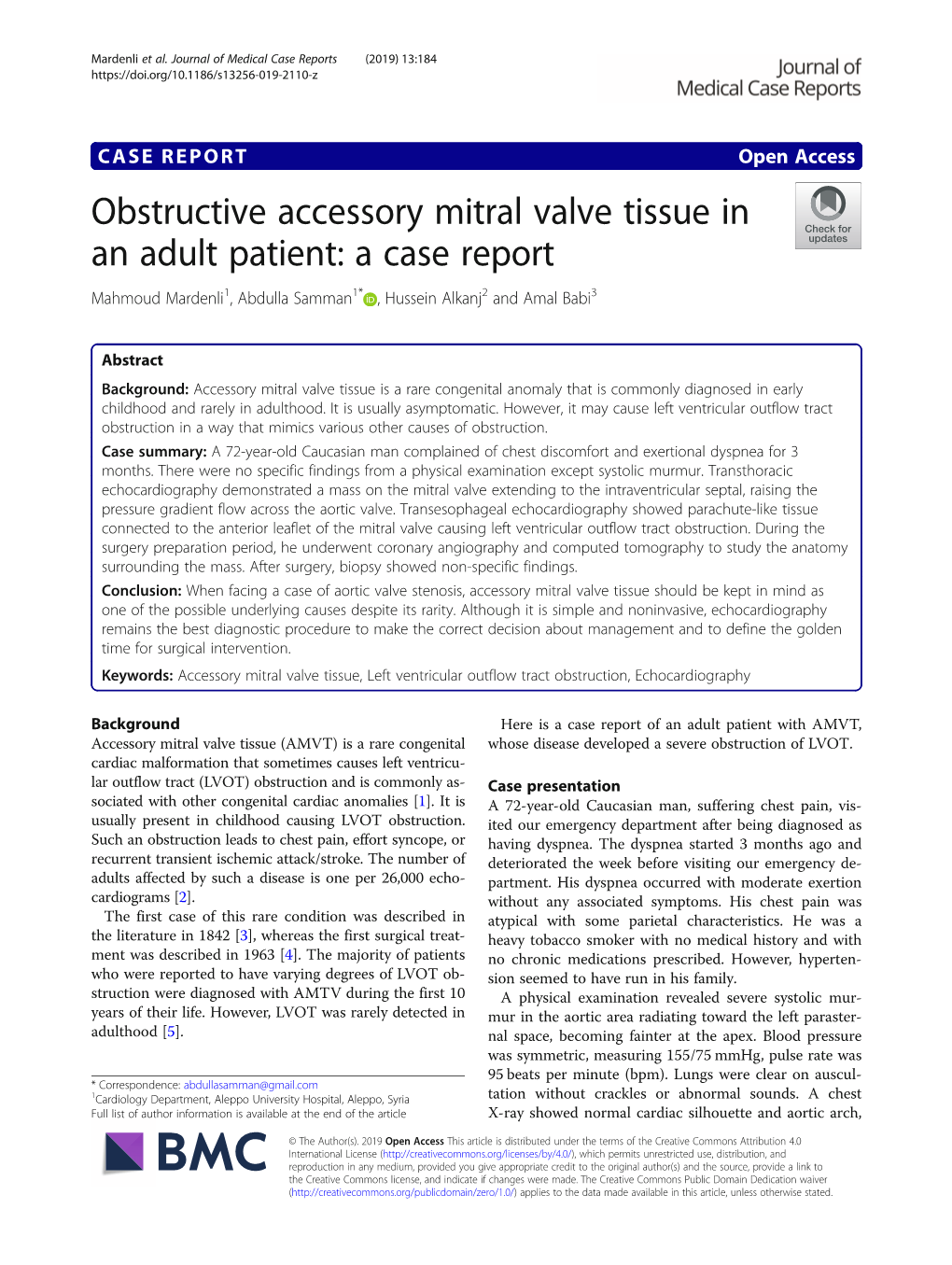 Obstructive Accessory Mitral Valve Tissue in an Adult Patient: a Case Report Mahmoud Mardenli1, Abdulla Samman1* , Hussein Alkanj2 and Amal Babi3