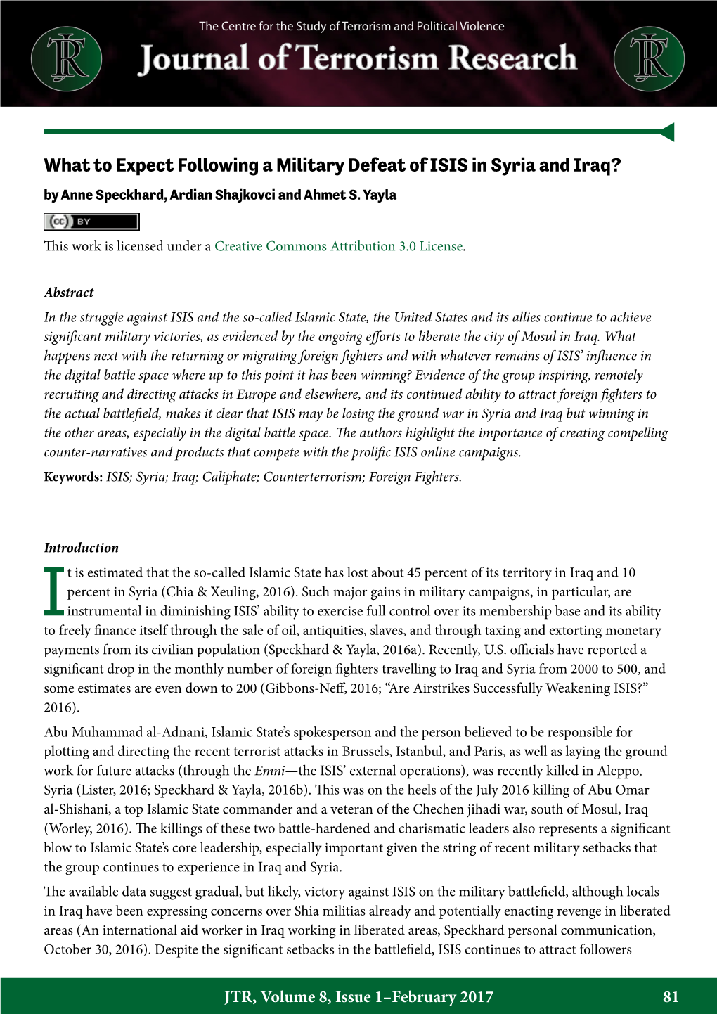 What to Expect Following a Military Defeat of ISIS in Syria and Iraq? by Anne Speckhard, Ardian Shajkovci and Ahmet S