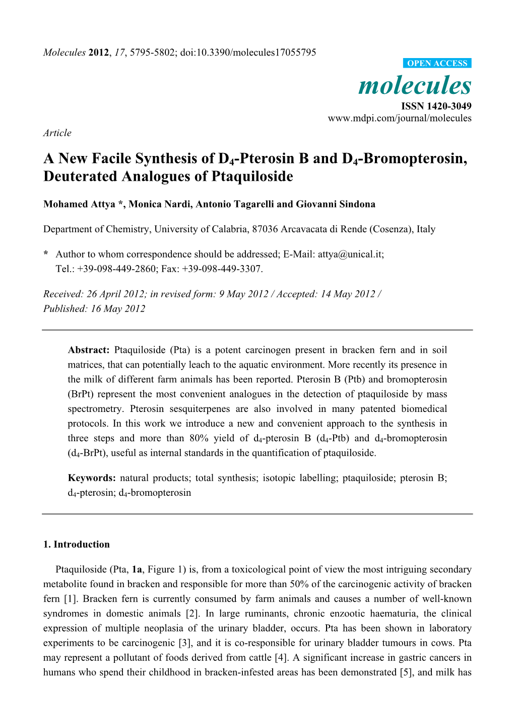 A New Facile Synthesis of D4-Pterosin B and D4-Bromopterosin, Deuterated Analogues of Ptaquiloside