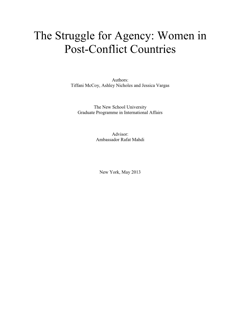 The Struggle for Agency: Women in Post-Conflict Countries.Docx