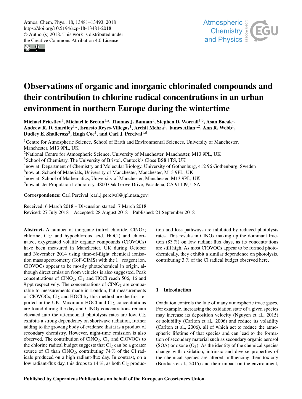 Observations of Organic and Inorganic Chlorinated Compounds and Their Contribution to Chlorine Radical Concentrations in an Urba