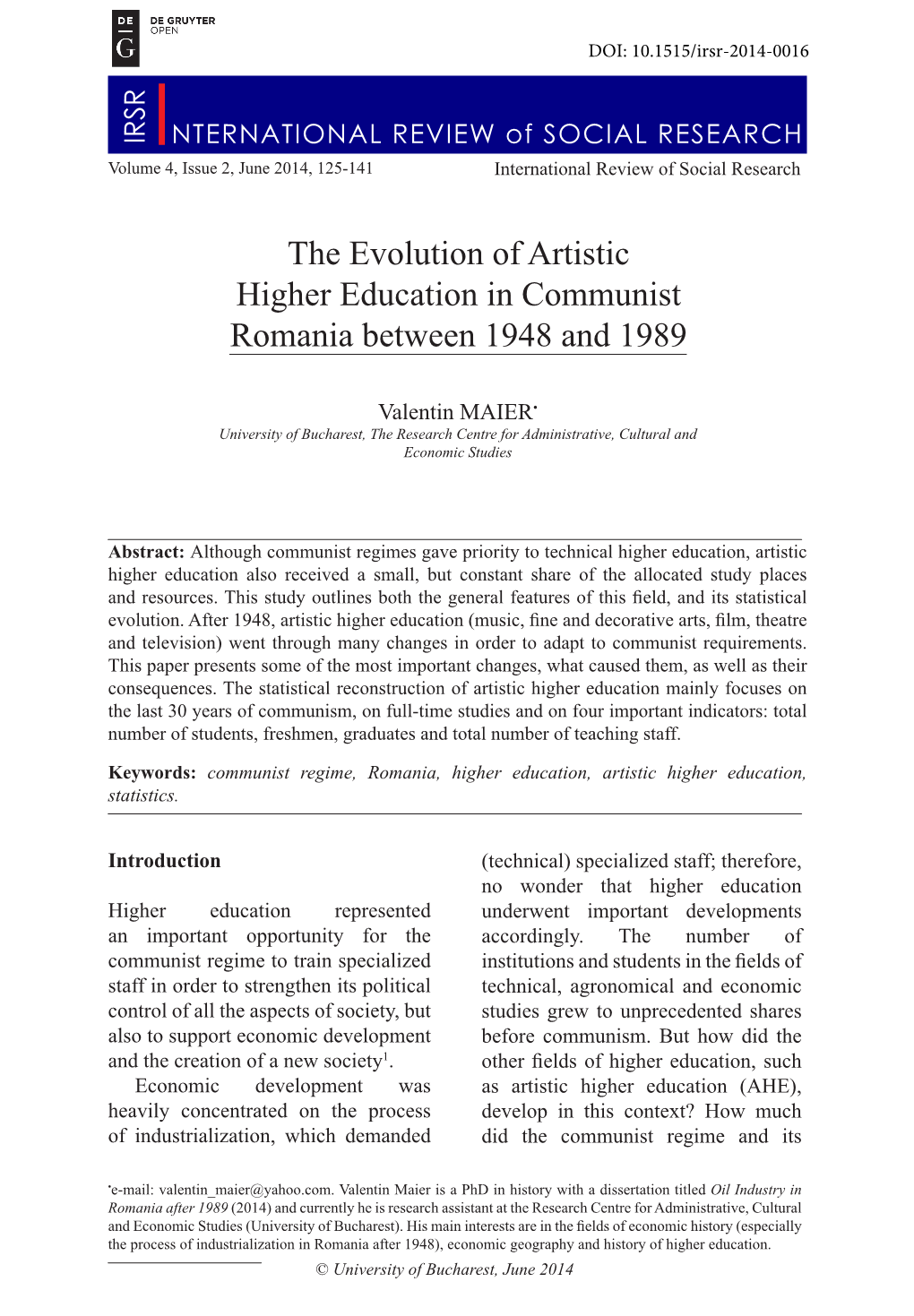 The Evolution of Artistic Higher Education in Communist Romania Between 1948 and 1989