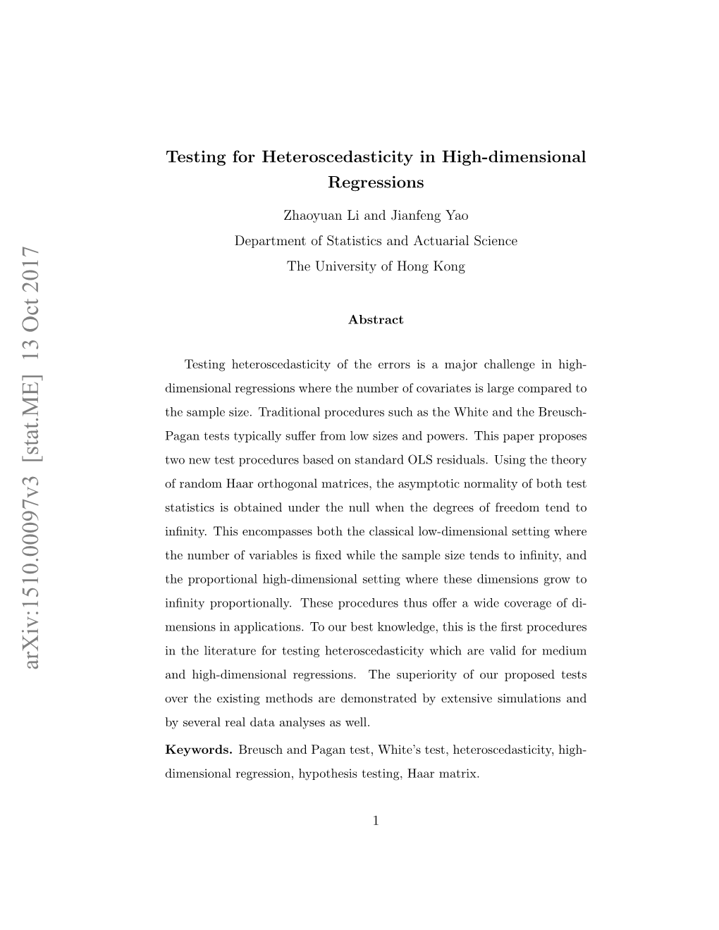 Arxiv:1510.00097V3 [Stat.ME] 13 Oct 2017 and High-Dimensional Regressions