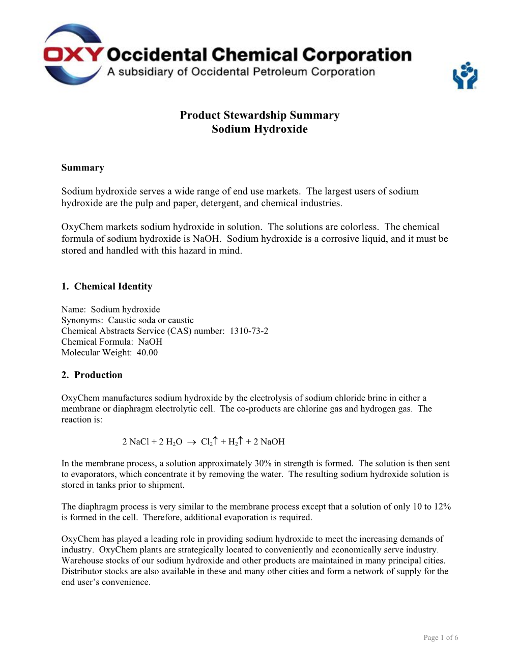 Product Stewardship Summary Sodium Hydroxide