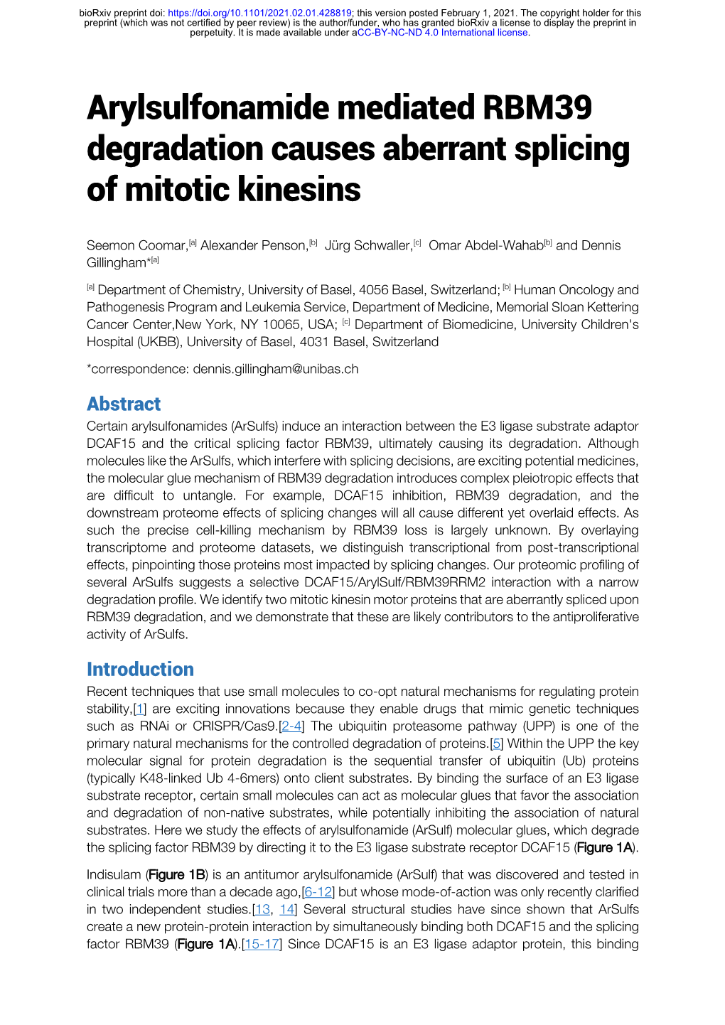 Arylsulfonamide Mediated RBM39 Degradation Causes Aberrant Splicing of Mitotic Kinesins