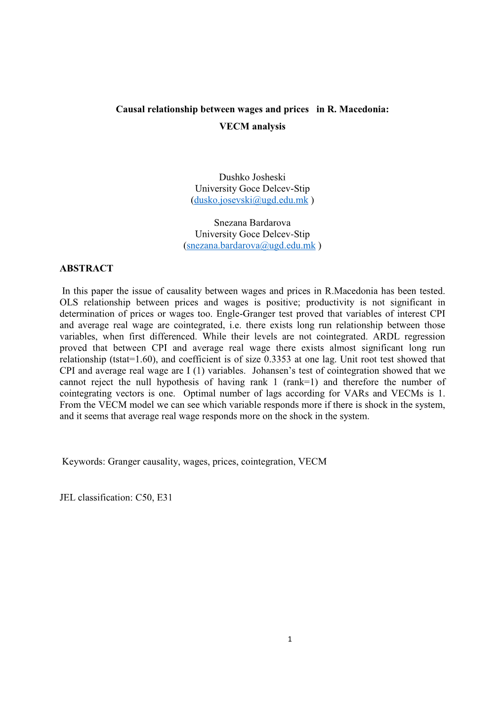 Causal Relationship Between Wages and Prices in R. Macedonia: VECM Analysis