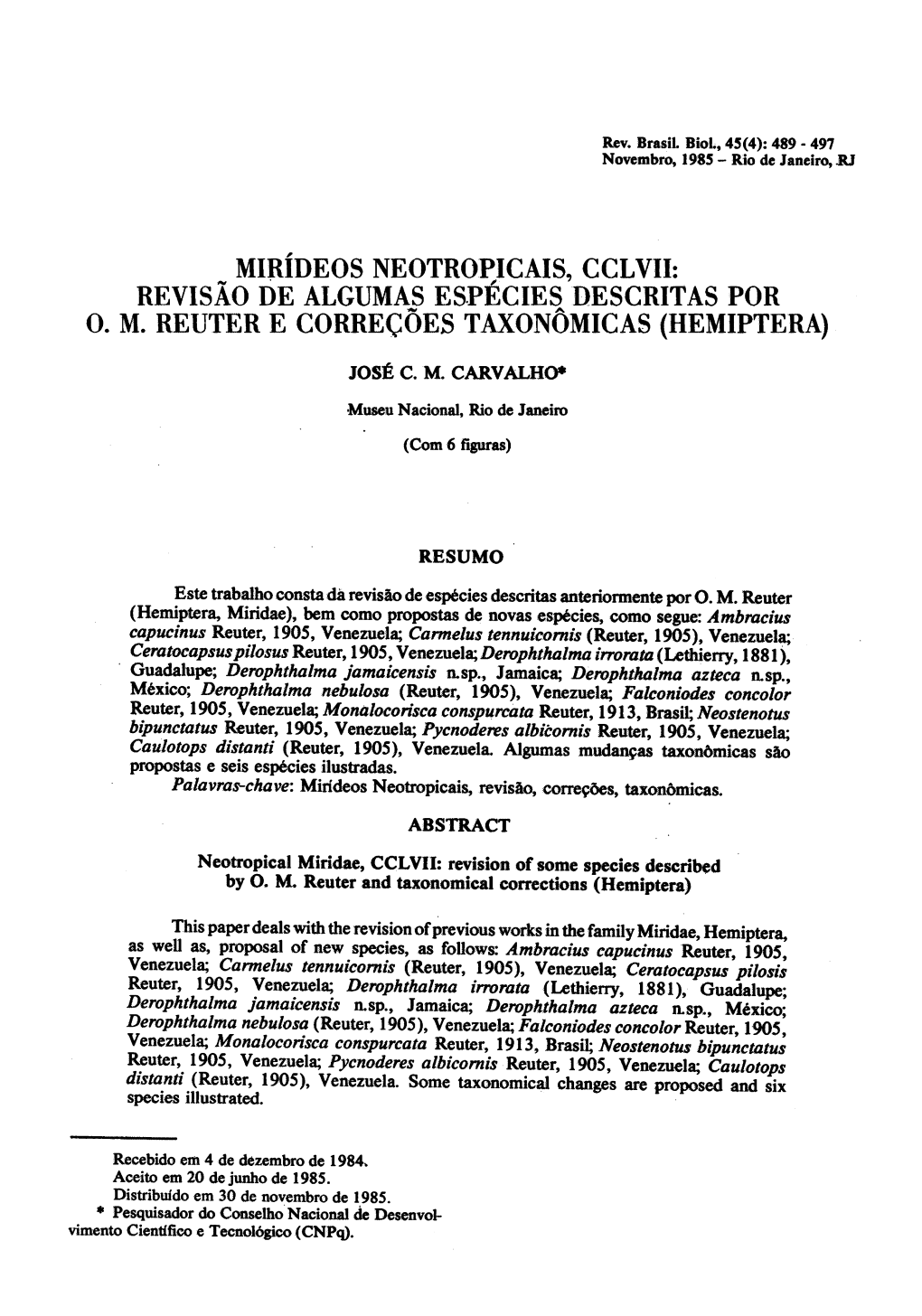 Mirideos Neotropicais, Cclvii: Revisao De Algumas Especies Descritas Por 0