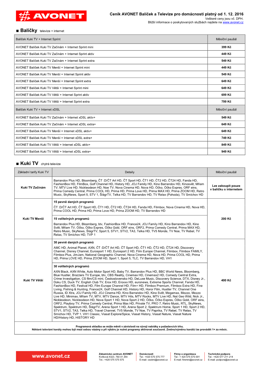 Ceník AVONET Balíček a Televize Pro Domácnosti Platný Od 1. 12. 2016 Veškeré Ceny Jsou Vč