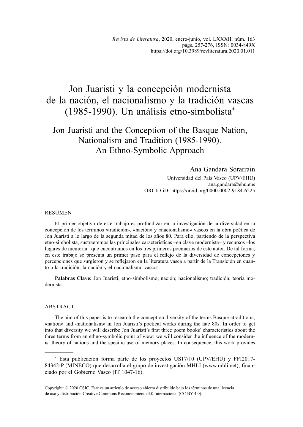 Jon Juaristi Y La Concepción Modernista De La Nación, El Nacionalismo Y La Tradición Vascas (1985-1990)