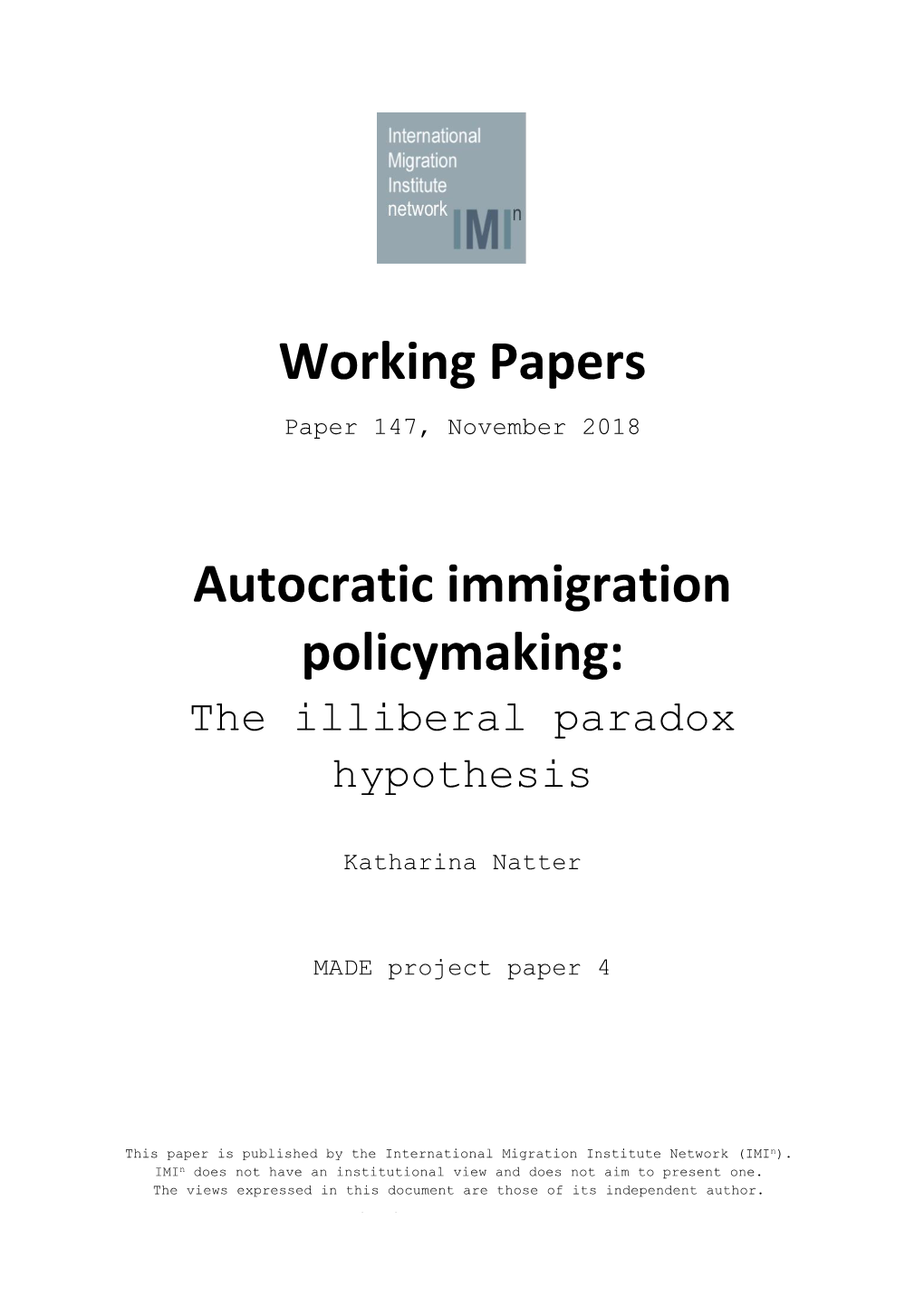 Working Papers Autocratic Immigration Policymaking