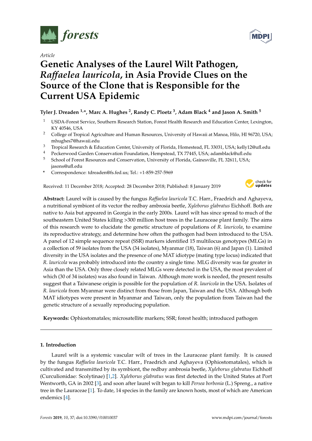 Genetic Analyses of the Laurel Wilt Pathogen, Raffaelea Lauricola, in Asia Provide Clues on the Source of the Clone That Is Responsible for the Current USA Epidemic