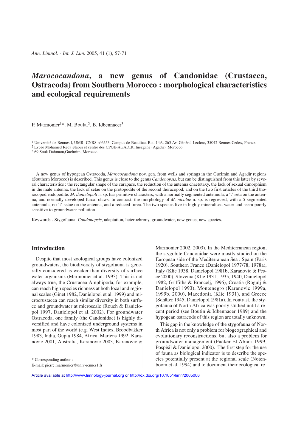 Marococandona, a New Genus of Candonidae (Crustacea, Ostracoda) from Southern Morocco : Morphological Characteristics and Ecological Requirements