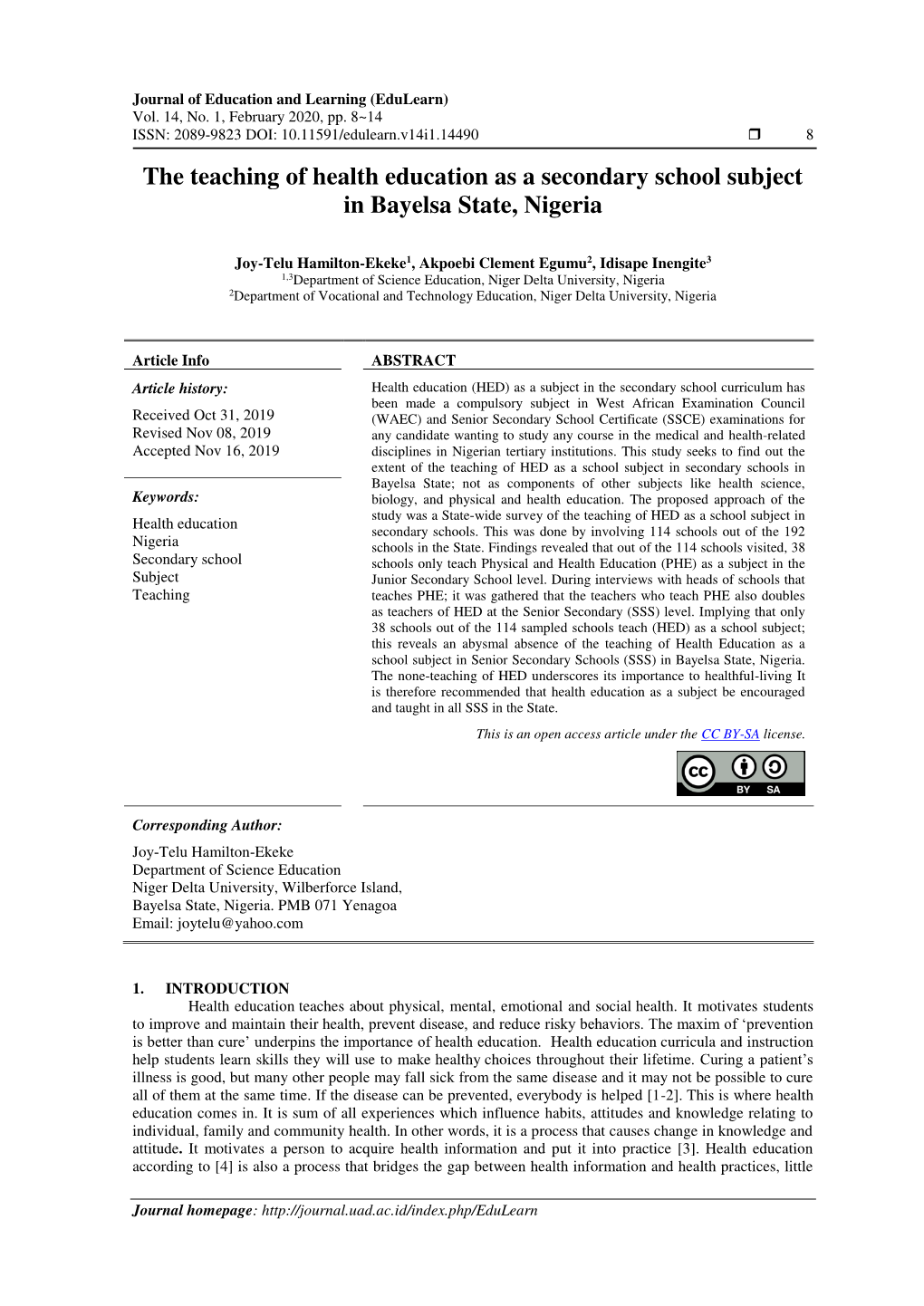 The Teaching of Health Education As a Secondary School Subject in Bayelsa State, Nigeria