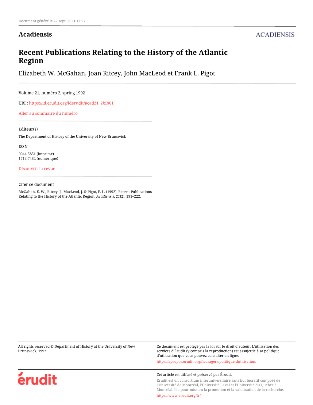 Recent Publications Relating to the History of the Atlantic Region Elizabeth W