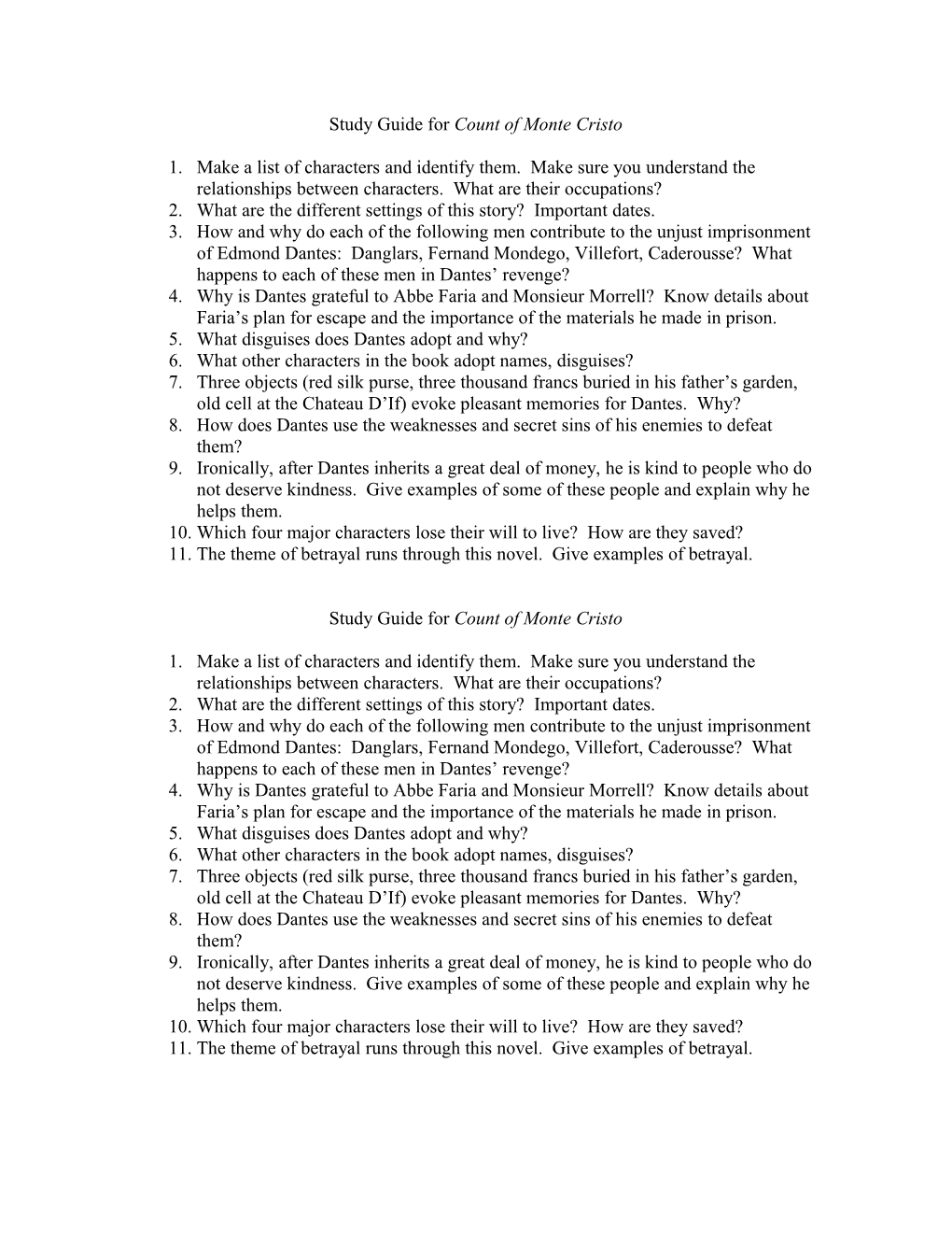 Study Guide for Count of Monte Cristo