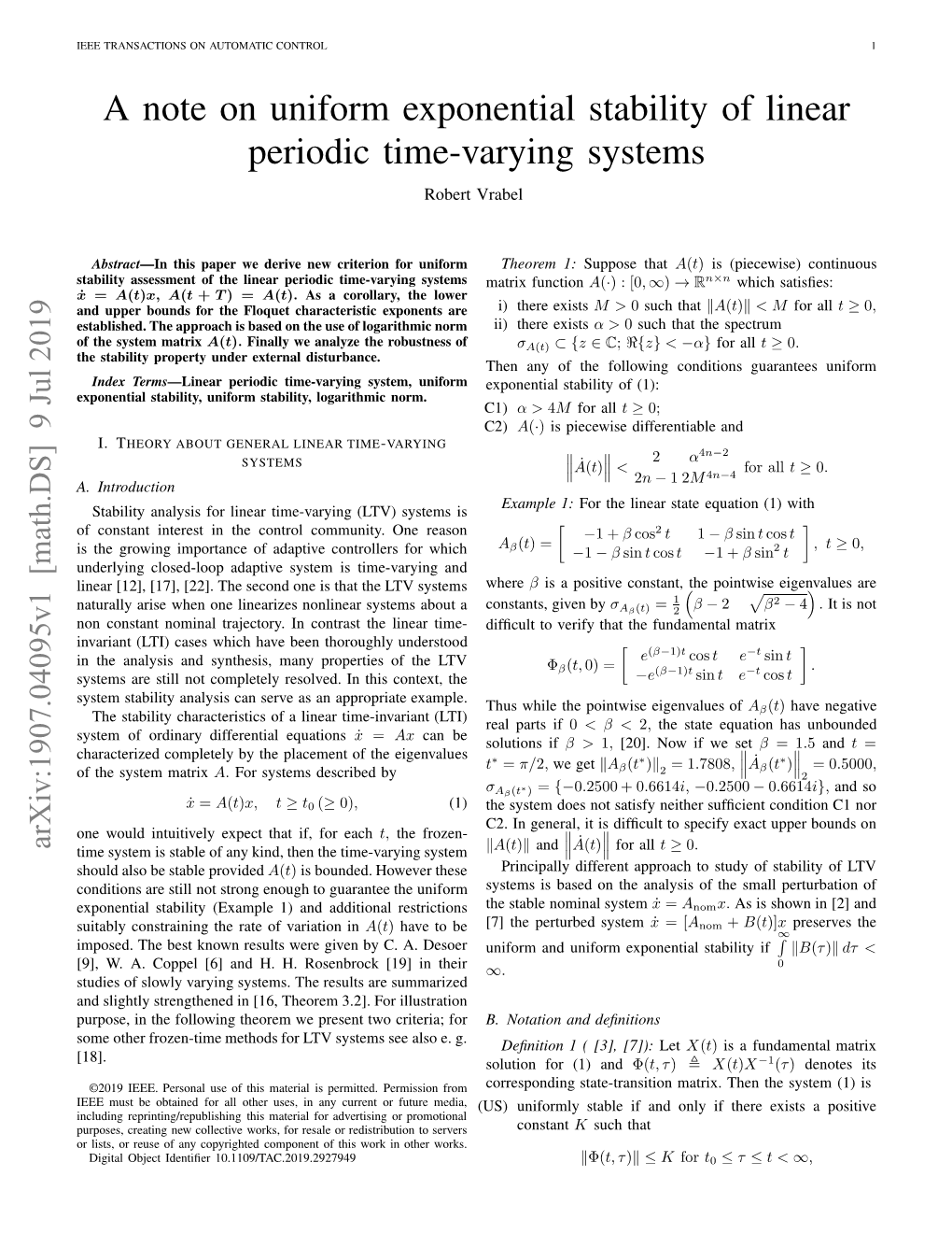 A Note on Uniform Exponential Stability of Linear Periodic Time-Varying Systems