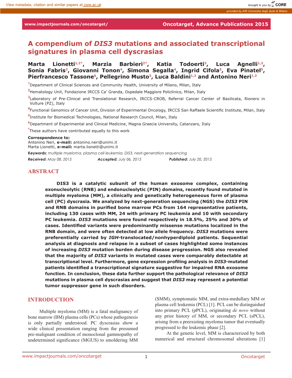 A Compendium of DIS3 Mutations and Associated Transcriptional Signatures in Plasma Cell Dyscrasias