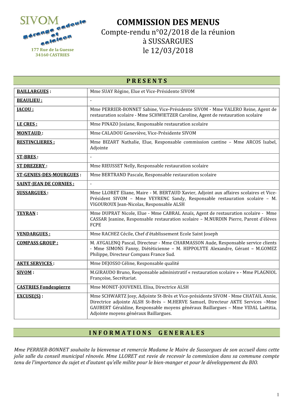 COMMISSION DES MENUS Compte-Rendu N°02/2018 De La Réunion À SUSSARGUES