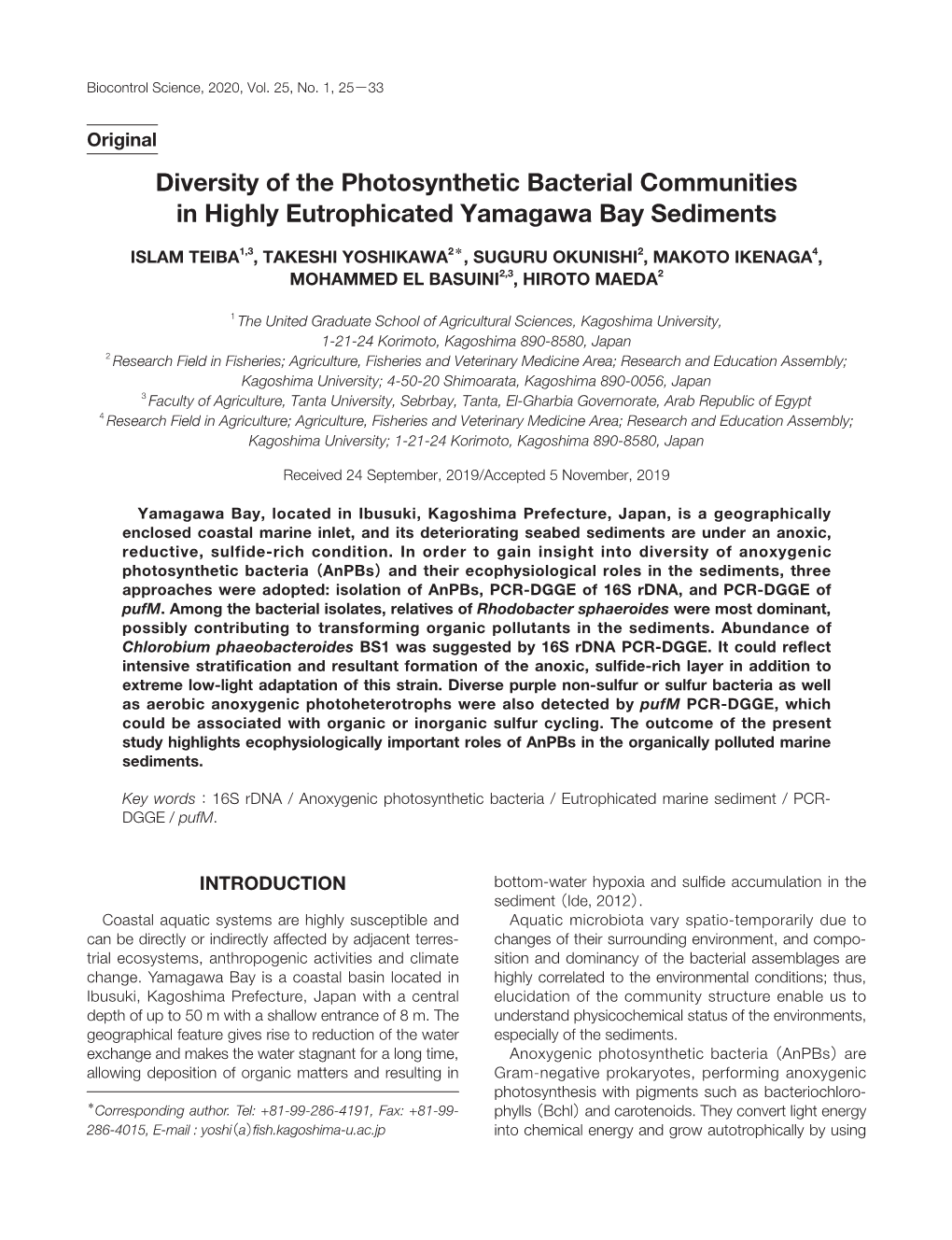 Diversity of the Photosynthetic Bacterial Communities in Highly Eutrophicated Yamagawa Bay Sediments