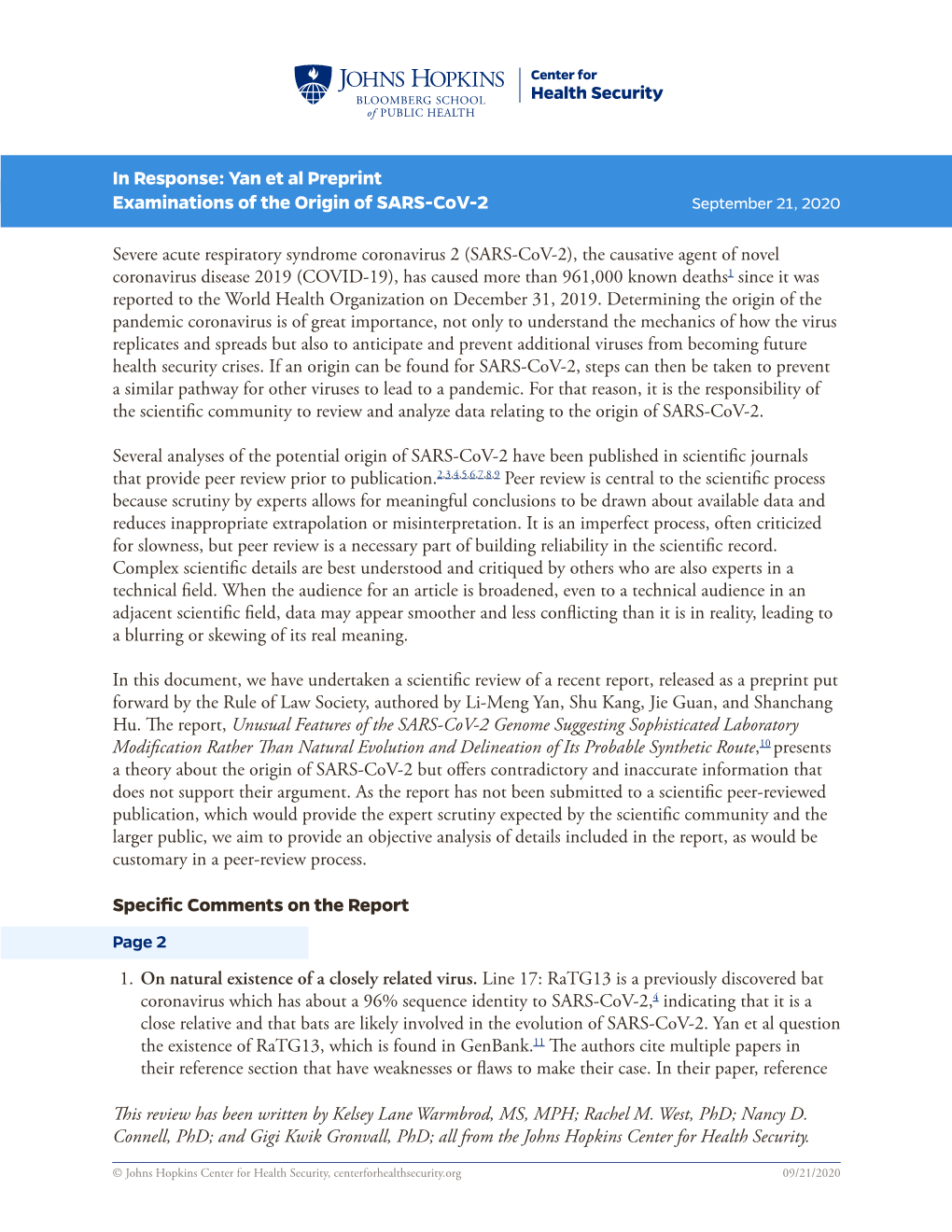 Yan Et Al Preprint Examinations of the Origin of SARS-Cov-2 September 21, 2020