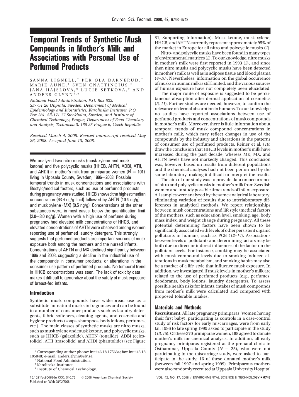 Temporal Trends of Synthetic Musk Compounds in Mother′S Milk And